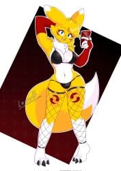 anthro bandai_namco big_breasts blue_eyes boots breasts canid canine cellphone clothing digimon digimon_(species) electronics female fishnet_clothing fishnet_legwear footwear fox furry hi_res legwear lewott mammal open_mouth phone renamon shoes solo tail