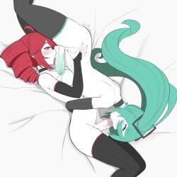 2futas 69 69_position ater18 blowjob choker drill_hair fellatio futanari hatsune_miku intersex kasane_teto long_twintails penis red_eyes red_hair restricted_palette teal_eyes teal_hair thighhighs twin_drills utau vocaloid white_background white_body