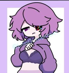 1girls admiral_kiara_after blox_fruits bra breasts covering_eye exposed exposed_breasts eye_patch flashing_breasts hoodie_lift lifting liliaoutcontext medium_breasts multicolored_clothing oc peeking_out purple_bra purple_eyes purple_hoodie roblox tagme white_skin