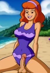 ai_generated beach big_breasts cowgirl_position curvy daphne_blake female glasses looking_at_viewer one_piece_swimsuit orange_hair penis scooby-doo scooby-doo!_camp_scare sitting smile