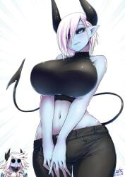 2girls absurdres bare_shoulders black_pants black_sclera black_shirt blood blue_eyes blue_skin blush breasts colored_sclera colored_skin contrapposto cowboy_shot crop_top dated demon_girl demon_horns demon_tail denim dolores_(mazohaha) emphasis_lines eyelashes eyes_visible_through_hair hair_over_one_eye highres horns huge_breasts looking_at_viewer midriff multiple_girls musuko_ga_kawaikute_shikatanai_mazoku_no_hahaoya navel nose_blush nosebleed pants parted_lips pointy_ears shirt short_hair siblings signature simple_background sisters slit_pupils smile solid_circle_eyes solo_focus standing tail teresa_(mazohaha) v_arms white_background white_hair zyugoya