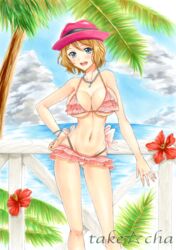 1girls bikini blue_eyes blush breasts brown_hair cleavage female flower frilled_bikini frills g-string hat hibiscus huge_breasts human human_only jewelry looking_at_viewer marker_(medium) navel necklace nintendo ocean open_mouth palm_tree panties pastel_(medium) pink_bikini pokemon pokemon_xy serena_(pokemon) short_hair sketch smile solo swimsuit takecha text thong traditional_media tree underwear watermark