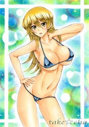 1girls :o alexis_rhodes armpits bikini blonde_hair blue_bikini blush breasts cleavage collarbone contrapposto female female_only hair_between_eyes hand_on_hip hand_on_neck human large_breasts long_hair midriff navel open_mouth simple_background sketch standing swimsuit takecha tenjouin_asuka text traditional_media underboob watermark yellow_eyes yu-gi-oh! yu-gi-oh!_gx