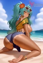 1girls 2d ai_generated aqua_hair ass barefoot big_ass big_breasts bikini bracelet brazilian_miku breasts dark-skinned_female earrings erection erophoenix eyewear_on_head feet full_body futanari grin hair_flower hair_ornament hatsune_miku huge_breasts jewelry kneeling large_penis long_hair looking_at_viewer looking_back nail_polish patreon_username penis shorts smile soles solo solo_female sunglasses swimsuit tan tellow_shirt testicles thick thick_thighs toes uncensored vocaloid