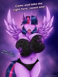 anthro big_breasts bodily_fluids breast_holding breast_squish breasts english_text equid equine female friendship_is_magic genital_fluids genitals hand_on_breast hasbro hi_res horn mammal my_little_pony mythological_creature mythological_equine mythology nipples nude pussy shamziwhite solo squish standing text twilight_sparkle_(mlp) unicorn vaginal_fluids wings