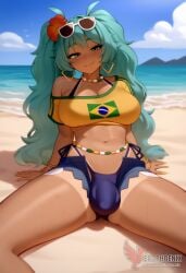 1girls 2d ai_generated aqua_hair ass barefoot big_ass big_breasts bikini bracelet brazilian_miku breasts dark-skinned_female earrings erection erophoenix eyewear_on_head feet full_body futanari grin hair_flower hair_ornament hatsune_miku huge_breasts jewelry kneeling large_penis long_hair looking_at_viewer looking_back nail_polish patreon_username penis shorts smile soles solo solo_female sunglasses swimsuit tan tellow_shirt testicles thick thick_thighs toes uncensored vocaloid
