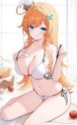 1girls 2d 2d_(artwork) alternate_costume apple apples artist_request big_breasts bikini bikini_bottom bikini_top blue_eyes bra bread chef_hat cleavage day escoffier_(genshin_impact) female female_focus female_only front_view genshin_impact hat high_resolution highres holding_object hoyoverse indoors light-skinned_female light_skin long_hair looking_at_viewer mihoyo orange_hair sexy slim_girl smiling smiling_at_viewer solo solo_female solo_focus swimsuit thong thong_bikini two_piece_swimsuit white_background white_bikini white_bikini_bottom white_bikini_top white_bra white_swimsuit white_thong window young younger_female