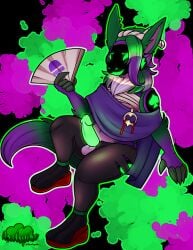 anthro axelspike balls blush blush_lines chest_tuft claws clothing cosplay costume deep_cut_(splatoon) digital_drawing_(artwork) digital_media_(artwork) genitals glowing glowing_genitalia glowing_penis machine male male_focus male_only nintendo penis presenting presenting_penis protogen shiver_(splatoon)_(cosplay) shy small_balls solo splatoon splatoon_3 tuft