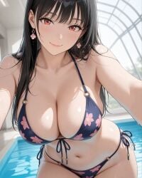 2025 ai_generated belly black_hair_female blue_bikini brown_eyebrows female flower_bikini flower_earrings good_girl holding_camera holding_viewer instagram looking_at_viewer meta not_porn pink_cheeks pink_lipstick pool red_eyes sexy_body sexy_girl smile_at_viewer smiling_at_viewer tummy unknown_artist unknown_character wet_bikini wet_body wet_skin