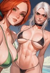 2girls ai_generated breasts cd_projekt_red ciri female freckles green_eyes light-skinned_female looking_at_viewer mascara necklace nipples_visible_through_clothing red_hair scar swimsuit the_witcher_(series) the_witcher_3:_wild_hunt triss_merigold waffle_chan wet_body white_hair