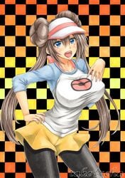 1girls blue_eyes breasts brown_hair checkered checkered_background collarbone double_bun female female_only gradient gradient_background hand_on_hip hand_on_own_chest huge_breasts human legwear_under_shorts long_hair looking_at_viewer nintendo open_mouth pantyhose pokemon pokemon_bw2 raglan_sleeves rosa_(pokemon) shorts sketch smile solo standing takecha text tied_hair traditional_media twintails visor_cap watermark