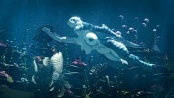 16:9 3d_(artwork) abs algae annoad anthozoan anthro barely_visible_genitalia barely_visible_pussy belly_tattoo big_breasts blue_eyes breasts bubble cnidarian coral coral_reef dark_nipples digital_media_(artwork) female fin fish freediving genitals hair hi_res marine muscular muscular_anthro muscular_female nika_sharkeh nipple_piercing nipples non-mammal_breasts non-mammal_nipples nude nude_anthro nude_female original piercing pussy seaweed shark short_hair solo striped_body stripes swimming tail tattoo thick_thighs underwater water white_hair widescreen