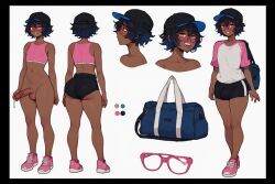 ai_generated athletic_wear baseball_cap black_and_blue_hair bottomless character_sheet dark dark-skinned_femboy dark-skinned_male dark_skin femboy glasses gym_bag naked naked_male pink_glasses pink_sneakers pink_sports_bra sneakers sports_bra sportswear yellow_eyes