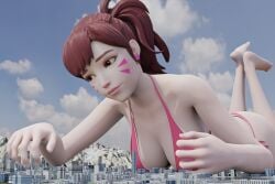 1girls 2020s 2023 3d 3d_(artwork) asian asian_female big_breasts bikini blizzard_entertainment breasts brown_hair brown_hair_female brunette_hair city d.va female female_focus female_only giant_female giant_woman giantess hana_song korean korean_female large_boobs large_breasts laying_on_stomach macro macro_female overwatch overwatch_2 solo solo_female solo_focus tanqian6918