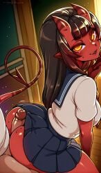 1boy ai_generated ass black_hair blunt_bangs buttjob colored_skin demon_girl demon_horns demon_tail erection female freckles from_behind horns indoors long_hair looking_at_viewer looking_back male meru_(merunyaa) mole mole_under_eye oni orange_eyes penis pleated_skirt pointy_ears pov red_skin sailor_collar school_uniform serafuku shirt short_sleeves skirt solo_focus straight tail uncensored yellow_eyes