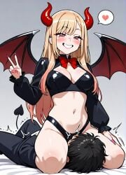 1boy ai_generated black_hair blonde_hair blush bow bowtie breasts cleavage demon_girl demon_horns demon_tail demon_wings ear_piercing female femdom grin heart horns kitagawa_marin long_hair navel piercing pink_nails red_bow red_eyes sitting sitting_on_face sitting_on_person smile spoken_heart straight tail trembling v wings