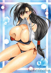 1girls bare_shoulders biting_clothes black_hair black_panties blush breast_hold breasts cleavage clenched_teeth collarbone covering_nipples earrings elbow_gloves female female_only final_fantasy final_fantasy_vii fingerless_gloves gloves groin huge_breasts human jewelry long_hair looking_at_viewer low-tied_long_hair marker_(medium) navel panties red_eyes side-tie_panties sketch solo sweat takecha tank_top teeth text tied_hair tifa_lockhart traditional_media underwear watermark