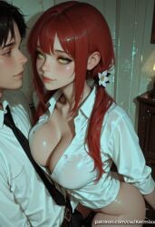 1boy ai_generated bangs belt black_hair black_necktie black_pants blush bottomless breasts chainsaw_man cleavage closed_mouth collared_shirt earrings erection_under_clothes female flower hair_flower hair_ornament indoors jewelry kermixx large_breasts long_hair looking_at_another makima_(chainsaw_man) necktie pants patreon_username pussy_juice red_hair shirt smile straight white_shirt yellow_eyes