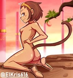 breasts brown_eyes brown_fur brown_hair capcom elkris616 female gold_hairband gold_jewelry hair_ornament headwear jewelry kemonomimi kneeling marvel marvel_vs._capcom marvel_vs._capcom_2 monkey_girl monkey_tail nude petite small_breasts smile sonson