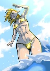 aede_the_elf beach bikini bulge bulge_under_clothes chuuren.couto femboy femboy_with_breasts golden_bikini golden_eyes golden_hair golden_week lingerie male nipple_slip original_character peeking_nipple sky sunlight