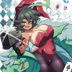 aria_aileron_(littlepengo) beauty_mark beauty_mark_on_breasts breasts bunny_ears bunny_girl bunnysuit casino casino_chip cute_fang green_eyes green_hair gun large_breasts littlepengo playing_card smile tan_skin tanline