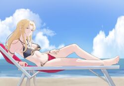 1girls bare_legs beach bikini black_bikini black_swimsuit blonde_hair breasts clarisse_(fire_emblem) female female_only fire_emblem legs long_hair medium_breasts nintendo ocean outdoors red_bikini red_swimsuit solo swimsuit