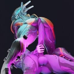 2futas 3d balls black_background cowgirl_position digital_extremes duo from_front_position futa_on_futa futanari genitals herm humanoid intersex intersex/intersex long_penis on_bottom on_top penis sex simple_background spread_legs spreading tencent thorius valkyr_(warframe) warframe wisp_(warframe)