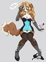 2019 after_transformation anthro beverage biped bird_dog blonde_hair blue_eyes breasts canid canine canis clothing dialogue domestic_dog dress english_text female fishnet_clothing fishnet_gloves fishnet_handwear fishnet_legwear food footwear fruit gloves handwear hi_res high_heels hunting_dog legwear mammal nipples open_mouth plant shoes simple_background solo spaniel strawberry surprise text torn_clothing wilderlove