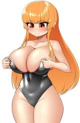 big_breasts bra breasts bunnysuit embarrassed female humanoid inkling inkling_girl nobunagapero orange_eyes orange_hair peronattu plump_breasts plump_thighs splatoon