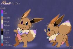 anus balls big_ears blonde_hair blue_eyes brown_body brown_fur character_name eevee everstone feral fluffy fluffy_tail fur generation_1_pokemon genitals hair happy heterochromia hi_res jewelry knot male meep_the_eevee model_sheet necklace nintendo oooeygoooey penis pink_anus pink_penis pokemon pokemon_(species) purple_eyes purple_hair snaggle_tooth solo tail text