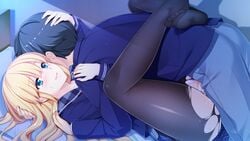 1boy aqua_eyes bethly_rose_daisley blazer blonde_hair censored clothed_sex feet female game_cg gin'iro_haruka hand_on_another's_head hand_on_another's_shoulder happy_tears jacket koizumi_amane leg_lock light_smile long_hair missionary no_shoes panties panties_aside pantyhose plaid_collar school_uniform serafuku sex solo_focus straight sweatdrop tears torn_clothes torn_pantyhose underwear