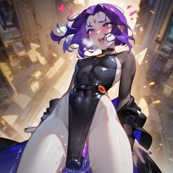 ai_generated belt blush cape dildo dildo_in_pussy dildo_under_clothes female female_orgasm forehead_jewel hips leotard nipples_visible_through_clothing purple_eyes purple_hair rachel_roth raven_(dc) short_hair small_breasts thighs transparent_clothing