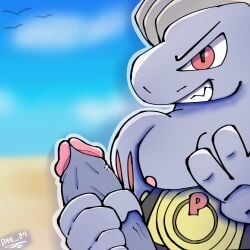 1:1 beach beach_background big_penis champion_belt dan_34 erection generation_1_pokemon genitals gesture glans grey_body grey_skin hand_gesture hi_res humanoid machamp male markings muscular nintendo nipples pecs penis penis_grab pink_glans pink_nipples pokemon pokemon_(species) red_eyes red_markings smile solo solo_focus solo_male v_sign