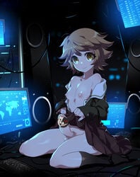 1boy ahoge alicecrazy androgynous bear_print black_legwear brown_eyes brown_hair brown_skirt cable canon_crossdressing censored character_censor closed_mouth collarbone computer danganronpa danganronpa:_trigger_happy_havoc danganronpa_1 dark erection femboy fujisaki_chihiro full_body glowing head_tilt keyboard kneehighs light lips long_sleeves looking_at_viewer male male_only monitor monitor_light nipples novelty_censor number panties penis pinky_out pleated_skirt screen shiny shiny_skin sitting skirt skirt_lift smile smooth_skin solo tareme testicles text thighs underwear wariza white_panties wire