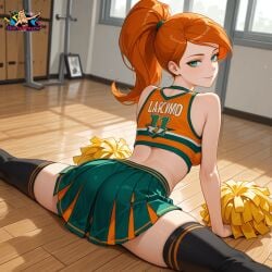 ai_generated ass cheerleader disney disney_channel doctor_payne female female_focus female_only ginger ginger_hair green_eyes kim_possible kimberly_ann_possible looking_at_viewer looking_back miniskirt orange_hair petite petite_body petite_female red_hair redhead_female seductive seductive_look seductive_smile sexy sexy_pose skirt small_breasts splits teen teenage_girl teenager thighs upskirt