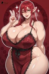 ai_generated bare_thighs bbw camisole elf elf_ears elf_female gigantic_breasts green_eyes huge_breasts huge_thighs light-skinned_female light_skin long_hair looking_at_viewer massive_breasts mature_female milf oiled_body oiled_skin one_eye_closed original peace_sign red_hair smiling solo_female squatting sweat sweatdrop thick_body thick_female thick_thighs thighs thighs_bigger_than_head tongue_out voluptuous voluptuous_female yashugai