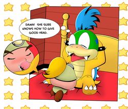 ! 1boy 1girls 3_toes armpits bed bedroom blonde_hair blue_hair blush bracelet closed_eyes cum cum_drip cum_in_mouth cum_inside cum_pool cutaway dripping english_text fellatio female full_body goomba goombella green_scales hands_behind_head indoors jewelry koopa koopaling larry_koopa male mario_(series) nintendo on_bed oral paper_mario penis scales scalie sex sitting sl350 spiked_bracelet spikes straight super_mario_bros. takeshi1000 text thought_bubble toes tongue tongue_out yellow_scales