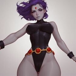 ai_generated belt cameltoe forehead_jewel hard_nipples hips large_breasts leotard purple_eyes purple_hair rachel_roth raven_(dc) short_hair thighs