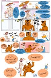 ass balls barefoot black_nose blush bow_tie clothed clothed/nude clothing collar comic dialogue domestic_cat embarrassed english_text feet felid feline felis female freckles fur fuzzy fuzzy_tail genitals gesture hand_gesture hat head_turned headgear headwear hi_res long_tail mammal nude orange_body orange_fur osmond_(p_rindustries) p_rindustries penis pointing pointing_at_another pompadour public public_nudity signature slightly_chubby slim smile spanish_text tail tail_motion tailwag teeth text whisker_spots white_body white_fur wilt_(p_rindustries)