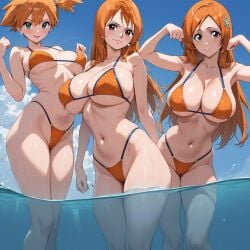 3girls :d ai_generated armpits arms_up bangs bare_arms bare_shoulders beach bikini bikini_bottom bleach blue_bikini blue_sky blue_swimsuit blush breast-to-breast breasts brown_eyes cameltoe clavicle cleavage closed_mouth clothing cloud collarbone curvaceous day erect_nipples eyebrows female female_only green_eyes groin hair_ornament halterneck hands_up highleg highleg_bikini highleg_swimsuit huge_breasts inoue_orihime kasumi_(pokemon) large_breasts legs light-skinned_female long_hair looking_at_viewer medium_breasts micro_bikini midriff multiple_girls nami_(one_piece) navel ocean one_piece open-mouth_smile open_mouth orange_bikini orange_hair orange_swimsuit outdoors parted_bangs parted_lips partially_submerged pokemon pokemon_(anime) pokemon_(classic_anime) pokemon_red_green_blue_&_yellow ponytail pool shiny_skin short_hair side_ponytail sideboob sidelocks skindentation sky smile standing stomach string_bikini swimsuit tattoo thick_thighs thigh_gap thighs underboob wading water wet wide_hips yellow_bikini yellow_swimsuit