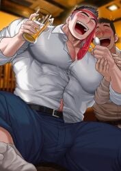 2boys abs absol_(dkqthf) bara beefy beer beer_glass belt big_breasts big_teeth black_hair blurry_background blush breast_bigger_than_head broad_shoulders bruise bruise_on_face bruised_breast bruised_neck bulge bulge_through_clothing closed_eyes daddy dilf dimples drunk frown fully_clothed gay hi_res holding_hands holding_object huge_breasts hunk laugh light_skin male male_breasts male_only manly maou_abusorun mature_male muscles muscular muscular_arms muscular_legs muscular_male muscular_thighs musical_note open_mouth oppai original original_character pecs restaurant shaved_side short_hair sitting size_difference socks spiky_hair spoon spread_legs thick_eyebrows tight_clothing tough_guy veiny_arms white_shirt white_socks yaoi
