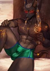 abs anthro anubian_jackal beverage bulge canid canine canis claws eyewear glasses hair hi_res holding_beverage holding_object jackal long_hair looking_at_viewer male mammal moynzarek muscular onnophris_fuad short_tail sitting solo tail