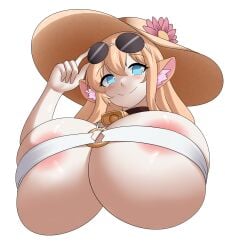 1girls bell_collar big_breasts blue_eyes blush breasts brown_hair bust bust_portrait busty collar cow_ears cow_girl female flower flower_hat fluffy_ears glasses hat horns huge_breasts jcdr julie_meadowborn long_hair looking_at_viewer smile sunglasses swimsuit swimwear white_background