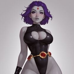 ai_generated belt forehead_jewel hips large_breasts leotard purple_eyes purple_hair rachel_roth raven_(dc) short_hair thighs