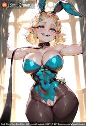 ai_generated animal_ears asmutcriminal backlighting bangs bare_shoulders black_legwear blonde_hair blurry blurry_background blush bow breasts brown_legwear cleavage collar curtains elf fake_animal_ears female green_eyes hair_ornament hairclip half-closed_eyes indoors large_breasts leotard looking_at_viewer naughty_face open_mouth open_window outstretched_arms pantyhose parted_bangs playboy_bunny pointy_ears princess_zelda pussy rabbit_ears rabbit_tail railing rei_no_pool short_hair sidelocks skindentation smile solo strapless strapless_leotard sweat tagme tail the_legend_of_zelda thick_eyebrows thick_thighs thighs torn_clothes torn_legwear torn_leotard window