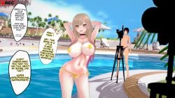 3d_(artwork) bikini blonde_hair blush bouncing_breasts breasts embarrassed enf english_text exhibitionism female golden_bikini kitagawa_marin koikatsu massive_breasts micro_bikini outside photoshoot posing recording sono_bisque_doll_wa_koi_wo_suru teenage_girl teenager thick_thighs