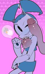 ballbusting ballbusting_orgasm balls clothed_female cock_and_balls_torture cum cumshot egg ejaculation female jenny_wakeman male my_life_as_a_teenage_robot nude nude_male pattern_background penis robot simple_background tagme theboogie xj-9