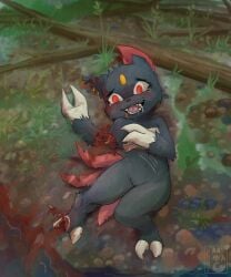 anthro bandage black_body black_fur blood blood_on_face bodily_fluids claws dismemberment drooling ear_piercing felid feline female flesh fur generation_2_pokemon gore gore_focus hi_res mammal nintendo outside piercing pokemon pokemon_(species) red_eyes saliva shoreline sneasel solo solo_focus tears uluri wound_on_arm wound_on_ear wounded