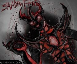 2010s 2017 artist_name artist_website breasts character_name claws darkness demon deviantart dota_2 english_text female genderswap_(mtf) glowing_eyes horns lipstick looking_at_viewer magic medium_breasts monster monster_girl pauldrons red_eyes red_lipstick rule_63 safe scuddle666 shadow_fiend simple_background straight-on tagme text upper_body valve