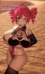 1girls 3d ahoge ass beach big_ass big_breasts bikini blush blush breasts breasts_bigger_than_head curvaceous curvy curvy_female curvy_figure dekapaiyukari detached_collar detached_sleeves female female_only gigantic_breasts heart_hands heart_symbol huge_ass huge_breasts huge_thighs kasane_teto large_ass large_breasts massive_breasts micro_bikini necktie necktie_between_breasts one_eye_closed red_eyes red_hair skindentation solo solo_female striped_bikini sunset tattoo tattoo_on_arm thick_thighs thighhighs thighs utau voluptuous voluptuous_female